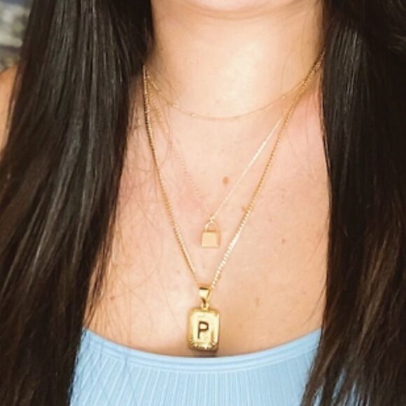 Gold padlock necklace layering Chains set - Picture 7 of 7